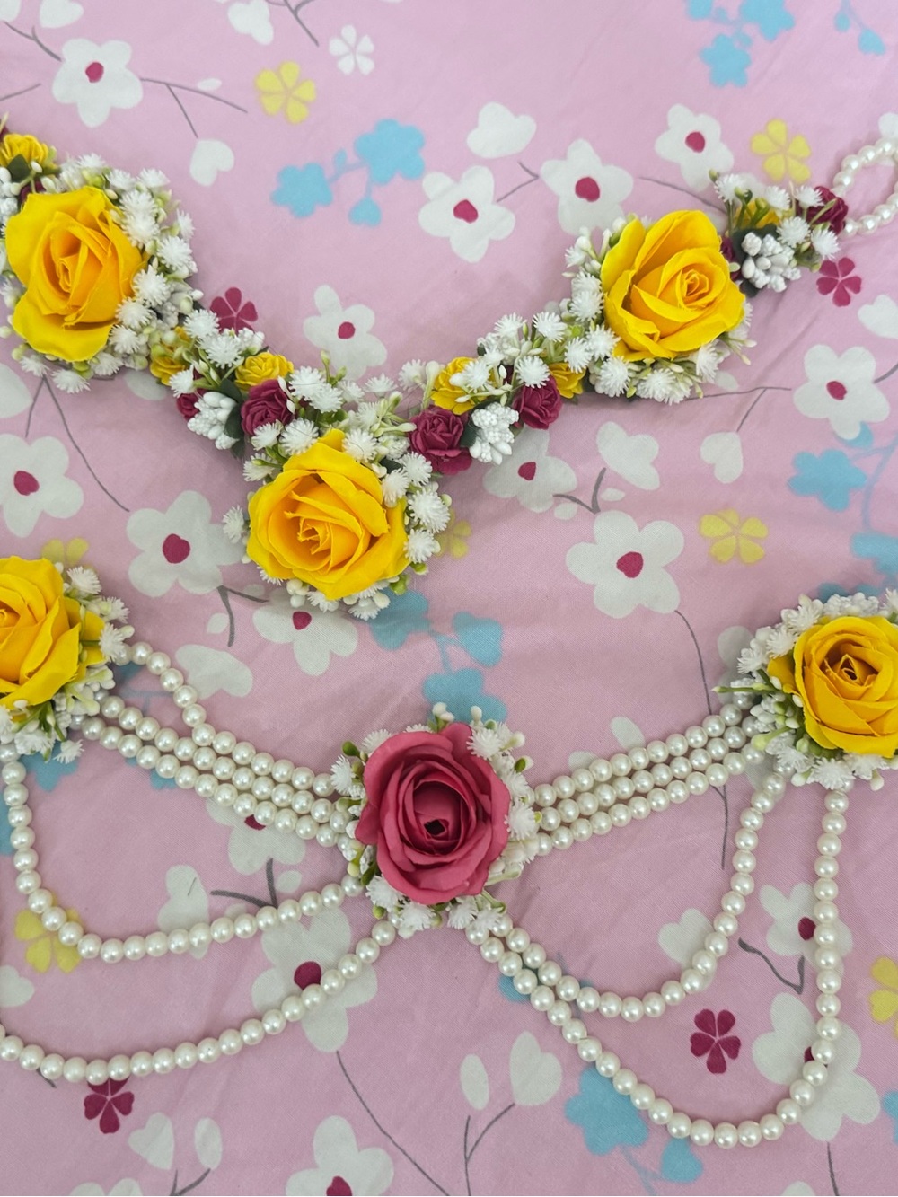Handcrafted Haldi- Yellow & Magenta Floral Pearl waist band & necklace